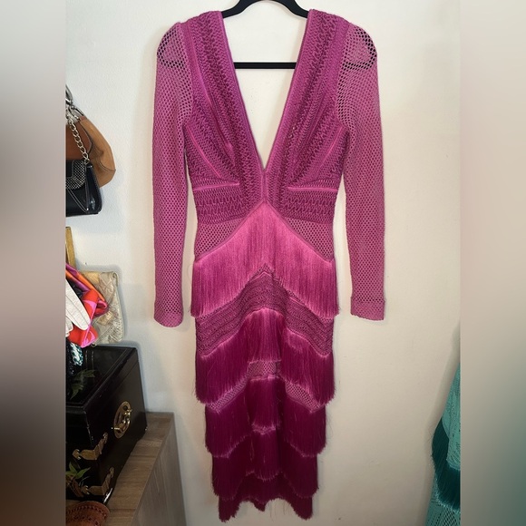 NWT PATBO fuchsia fringe crochet long sleeve dress Cerise pink small | 4 - Picture 4 of 14